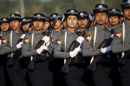Policewomen march during the Grand Military Review Parade ceremony to mark the 67th Independence Day in Naypyitaw, Myanmar, in this January 4, 2015 file photo. PHOTO BY REUTERS/Soe Zeya Tun
