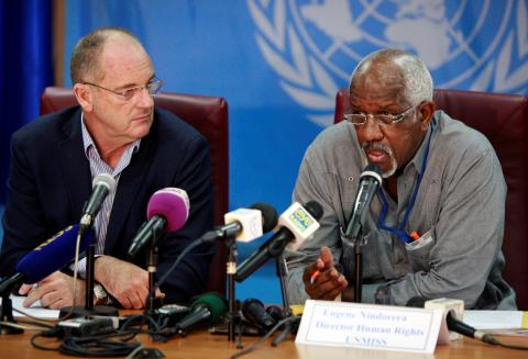 David Shearer (L), head of the United Nations Mission in South Sudan (UNMISS), and UNMISS's Human Rights Director, Eugene Nindorera address a news conference in Juba, South Sudan, February 22, 2018. PHOTO BY REUTERS/Jok Solomun