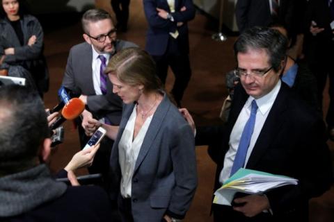 United States Ambassador to the United Nations Samantha Power and Permanent Representative of France to the United Nations Francois Delattre address gathered media at the United Nations in Manhattan, New York City, U.S., December 18, 2016. PHOTO BY REUTERS/Andrew Kelly
