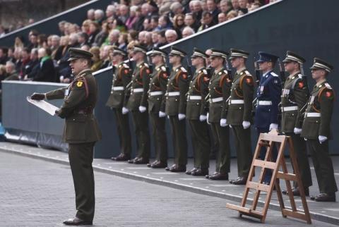 The Proclamation of the Republic is read out aloud outside the GPO building during the commemoration of the 100 year anniversary of the Irish Easter Rising in Dublin, Ireland, March 27, 2016. PHOTO BY REUTERS/Clodagh Kilcoyne