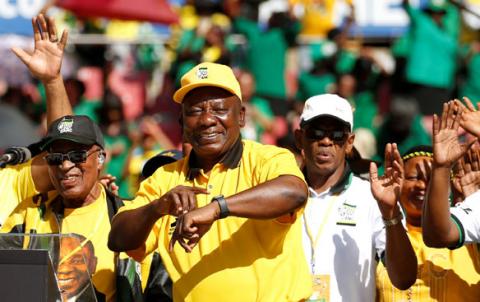 President of South Africa's governing African National Congress Cyril Ramaphosa gestures during the party's final rally at Ellis Park Stadium in Johannesburg, South Africa, May 5, 2019. PHOTO BY REUTERS/Siphiwe Sibeko