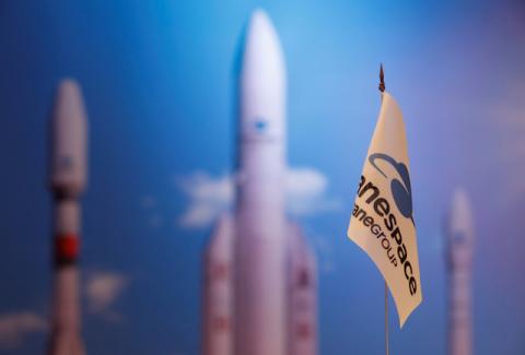 A flag with a company logo is seen during satellite launch company Arianespace annual news conference in Paris, France, January 9, 2018. PHOTO BY REUTERS/Christian Hartmann