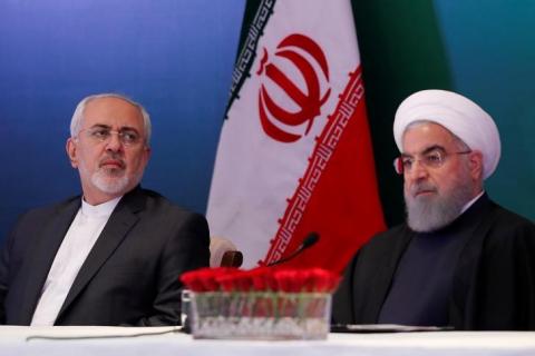 Iranian President Hassan Rouhani (R) and Foreign Minister Mohammad Javad Zarif attend a meeting with Muslim leaders and scholars in Hyderabad, India, February 15, 2018. PHOTO BY REUTERS/Danish Siddiqui
