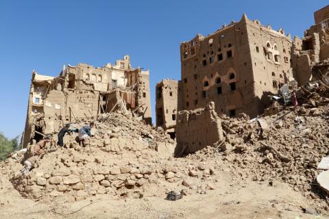 Boys walk amid ruins of houses during the conflict in the northwestern city of Saada, Yemen, November 22, 2018. PHOTO BY REUTERS/Naif Rahma