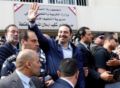 Lebanon's former Prime Minister Saad al-Hariri greets his supporters after casting his ballot at a polling station during Beirut's municipal elections, Lebanon, May 8, 2016. PHOTO BY REUTERS/Mohamed Azakir