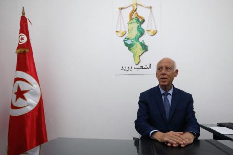 Presidential candidate Kais Saied speaks to the media at his campaign headquarters, as the country awaits the official results of the presidential election, in Tunis, Tunisia, September 17, 2019. PHOTO BY REUTERS/Muhammad Hamed