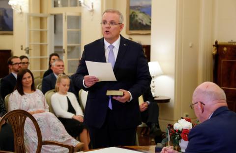 The new Australian Prime Minister Scott Morrison attends a swearing-in ceremony in Canberra, Australia, August 24, 2018. PHOTO BY REUTERS/David Gray