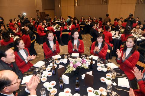 North Korean cheering squad attend a welcome banquet in Inje, South Korea, February 7, 2018. PHOTO BY REUTERS/Yonhap
