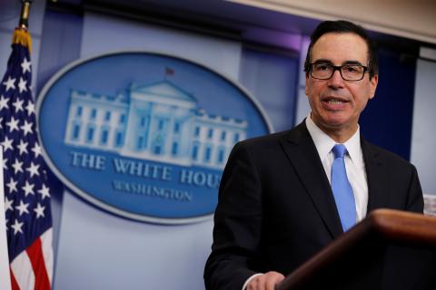 U.S. Treasury Secretary Steven Mnuchin announces on Friday what he said was the largest North Korea-related sanctions in a bid to disrupt North Korean shipping and trading companies and vessels and to further isolate Pyongyang, in the press room at the White House in Washington, U.S., February 23, 2018. PHOTO BY REUTERS/Jonathan Ernst