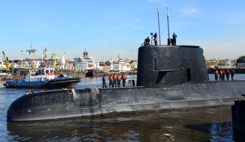 The Argentine military submarine ARA San Juan and crew are seen leaving the port of Buenos Aires, Argentina, June 2, 2014. PHOTO BY REUTERS/Argentine Navy