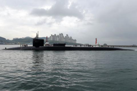 The Ohio-class guided-missile submarine USS Michigan arrives for a regularly scheduled port visit while conducting routine patrols throughout the Western Pacific in Busan, South Korea, April 24, 2017. PHOTO BY REUTERS/Jermaine Ralliford/Courtesy U.S. Navy