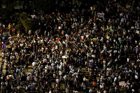 Israeli Arabs and their supporters take part in a rally to protest against Jewish nation-state law in Rabin square in Tel Aviv, Israel, August 11, 2018. PHOTO BY REUTERS/Ammar Awad