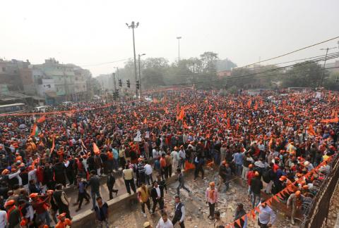 Supporters of the Vishva Hindu Parishad (VHP), a Hindu nationalist organisation, arrive to attend "Dharma Sabha" or a religious congregation organised by the VHP in New Delhi, India, December 9, 2018. PHOTO BY REUTERS/Adnan Abidi