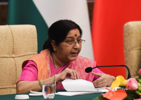 Indian Foreign Minister Sushma Swaraj talks during a news conference with Chinese Foreign Minister Wang Yi (not pictured) at the Diaoyutai State Guest House in Beijing, China, April 22, 2018. PHOTO BY REUTERS/Madoka Ikegami