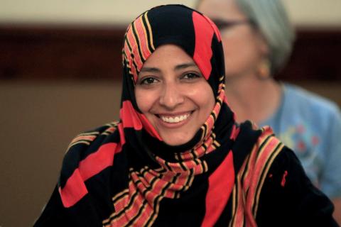 Nobel Peace Prize winner Tawakkol Karman of Yemen smiles during a news conference as part of the Nobel Women's Initiative to gather a first-hand account of the ongoing violence against women land defenders, in Tegucigalpa, Honduras, October 24, 2017. PHOTO BY REUTERS/Jorge Cabrera