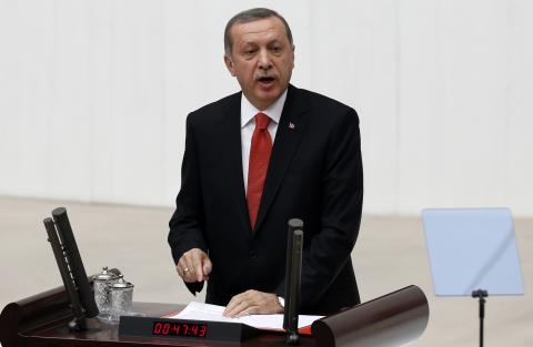 Turkey's President Tayyip Erdogan addresses the Turkish Parliament during a debate marking the reconvene of the parliament in Ankara, October 1, 2014. PHOTO BY REUTERS/Umit Bektas