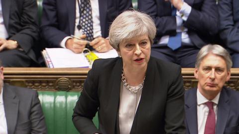 A still image from a video footage shows Britain's Prime Minister Theresa May addressing the House of Commons in central London April 19, 2017. May on Wednesday asked parliament to back her call for an early national election, saying the result would help unify parliament behind her Brexit plan and prevent instability. Parbul TV/Handout via Reuters TV