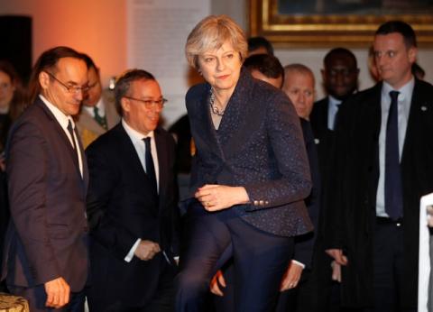 Britain's Prime Minister Theresa May arrives for an official dinner with France's President Emmanuel Macron at the Victoria & Albert Museum in central London, Britain, January 18, 2018. PHOTO BY REUTERS/Peter Nicholls