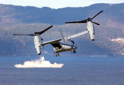 A V-22 Osprey tiltrotor aircraft makes a pass during NATO's Exercise Trident Juncture, seen from Trondheim, Norway, October 30, 2018. PHOTO BY REUTERS/NTB Scanpix/Gorm Kallestad
