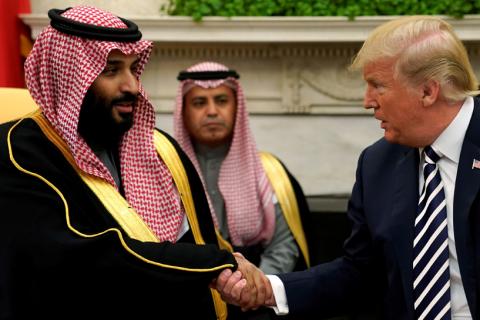U.S. President Donald Trump shakes hands with Saudi Arabia's Crown Prince Mohammed bin Salman in the Oval Office at the White House in Washington, U.S., March 20, 2018. PHOTO BY REUTERS/Jonathan Ernst