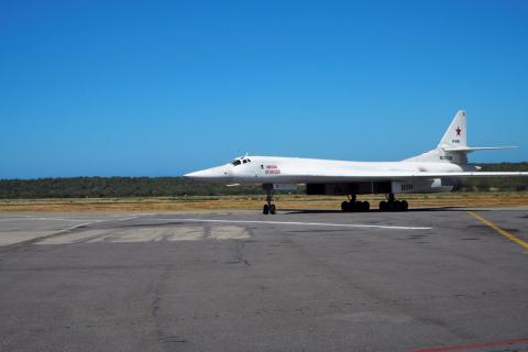 A Russian Tu-160 heavy strategic bomber is seen after landing in Maiquetia, Venezuela, December 10, 2018. PHOTO BY REUTERS/Russian Defence Ministry