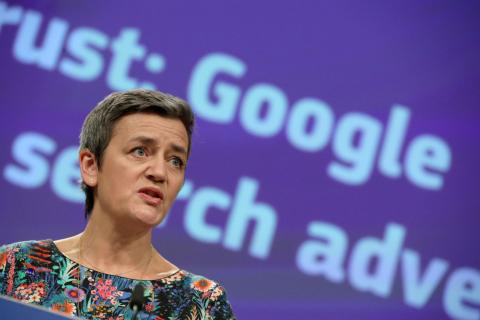 European Competition Commissioner Margrethe Vestager talks to the media at the European Commission headquarters in Brussels, Belgium, March 20, 2019. PHOTO BY REUTERS/Yves Herman