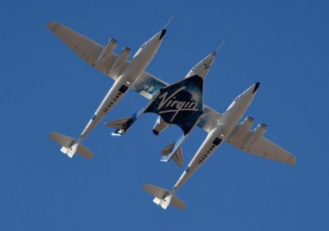 Virgin Galactic rocket plane, the WhiteKnightTwo carrier airplane, with SpaceShipTwo passenger craft takes off from Mojave Air and Space Port in Mojave, California, U.S., February 22, 2019. PHOTO BY REUTERS/Gene Blevins