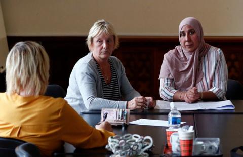 Suzanne Anciaux and Nabila Mazouz, attend a meeting of "Mothers' Jihad", a group aiming to repatriate Belgian women and children held in Syrian refugee camps, in Antwerp, Belgium, September 8, 2018. PHOTO BY REUTERS/Francois Le