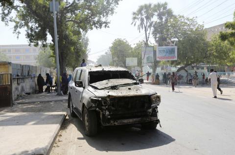 The wreckage of a car destroyed in a blast is seen near the Central Hotel after a suicide attack in Somalia's capital Mogadishu, February 20, 2015. PHOTO BY REUTERS/Feisal Omar