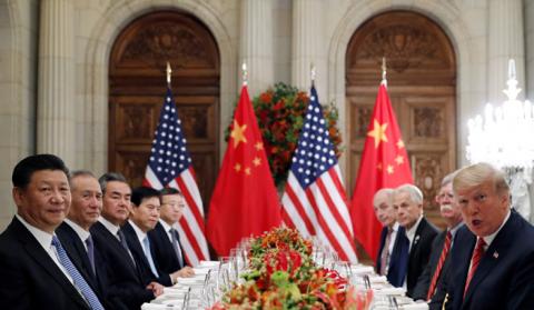 U.S. President Donald Trump, U.S. Secretary of State Mike Pompeo, U.S. President Donald Trump's national security adviser John Bolton and Chinese President Xi Jinping attend a working dinner after the G20 leaders summit in Buenos Aires, Argentina, December 1, 2018. PHOTO BY REUTERS/Kevin Lamarque