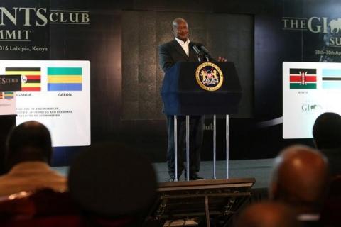 Ugandan President Yoweri Museveni addresses an audience during the second day of the Giant Club Summit of African leaders and others on tackling poaching of elephants and rhinos at the Fairmont Mount Kenya Safari Club in Nanyuki, Laikipia county, Kenya, April 29, 2016. PHOTO BY REUTERS/Siegfried Modola