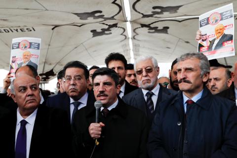 Yasin Aktay, adviser to Turkish president Erdogan speaks during a symbolic funeral prayer for Saudi journalist Jamal Khashoggi at the courtyard of Fatih mosque in Istanbul, Turkey, November 16, 2018. PHOTO BY REUTERS/Murad Sezer