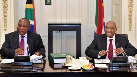 South African President Jacob Zuma and Deputy President Cyril Ramaphosa, are seen attending Cabinet Committee meetings in this government handout picture in Cape Town, South Africa, February 7, 2018. PHOTO BY RUTERS/GCIS