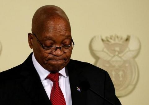 South Africa's former President Jacob Zuma looks down as he speaks at the Union Buildings in Pretoria, South Africa, February 14, 2018. PHOTO BY REUTERS/Siphiwe Sibeko