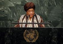 President of Liberia Ellen Johnson-Sirleaf addresses attendees during a plenary meeting of the United Nations Sustainable Development Summit at the United Nations Headquarters in Manhattan, New York, September 25, 2015. PHOTO BY REUTERS/Andrew Kelly