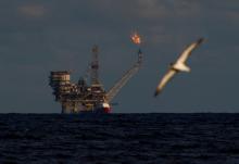 A seagull flies in front of an oil platform in the Bouri Oilfield some 70 nautical miles north of the coast of Libya, October 5, 2017. PHOTO BY REUTERS/Darrin Zammit Lupi