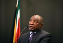 President Cyril Ramaphosa speaks before Finance Minister Tito Mboweni's swearing in ceremony at Tuynhuys in Cape Town, South Africa, October 9, 2018. PHOTO BY REUTERS/Sumaya Hisham