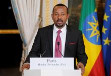 Ethiopian Prime Minister Abiy Ahmed speaks during a media conference at the Elysee Palace in Paris, France, October 29, 2018. PHOTO BY REUTERS/Michel Euler