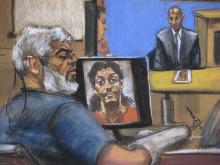 Abu Hamza al-Masri, the radical Islamist cleric facing U.S. terrorism charges, sits while a picture of shoe bomber Richard Reid is seen on a computer screen (L) and Saajid Badat is questioned via teleconference in Manhattan federal court in New York in this artist's sketch 
