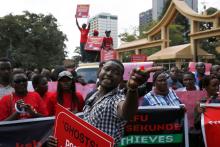 Activists shout slogans and carry placards during a protest against corruption in Nairobi, Kenya, May 31, 2018. PHOTO BY REUTERS/Baz Ratner