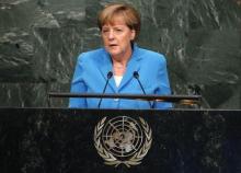 German Chancellor Angela Merkel addresses a plenary meeting of the United Nations Sustainable Development Summit 2015 at United Nations headquarters in Manhattan, New York, September 25, 2015. PHOTO BY REUTERS/Mike Segar