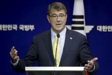 U.S. Defense Secretary Ash Carter answers reporters' question during a joint news conference with his South Korean counterpart Han Min Koo at the Defense Ministry in Seoul, South Korea, Friday, April 10, 2015. PHOTO BY REUTERS/Lee Jin-man