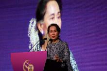 Myanmar's State Counsellor Aung San Suu Kyi speaks at the ASEAN Business and Investment Summit in Singapore, November 12, 2018. PHOTO BY REUTERS/Athit Perawongmetha