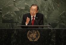 United Nations Secretary General Ban Ki-moon addresses attendees during the 70th session of the United Nations General Assembly at the U.N. Headquarters in New York, September 28, 2015. PHOTO BY REUTERS/Mike Segar