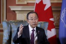 United Nations Secretary-General Ban Ki-moon speaks during a meeting with Canada's Governor General David Johnston (not pictured) at Rideau Hall in Ottawa, Canada, February 12, 2016. PHOTO BY REUTERS/Chris Wattie