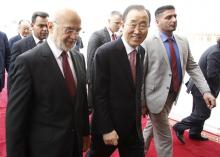 United Nations (U.N.) Secretary-General Ban Ki-moon (C) walks with Iraqi Foreign Minister Ibrahim al-Jaafari after arriving at Baghdad International Airport, Iraq, March 26, 2016. PHOTO BY REUTERS/Khalid al Mousily