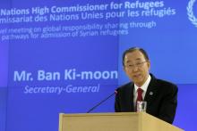 United Nations Secretary-General Ban Ki-moon addresses the meeting on global responsibility sharing through pathways for admission of Syrian refugees, at the United Nations in Geneva, Switzerland, March 30, 2016. PHOTO BY REUTERS/Denis Balibouse