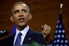 U.S. President Barack Obama delivers a speech during his visit to Hanover, Germany, April 25, 2016. PHOTO BY REUTERS/Kevin Lamarque