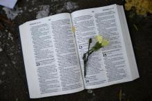 A flower is left on the page of an open Bible outside the Medi-Clinic Heart Hospital, in Pretoria, June 28, 2013. PHOTO BY REUTERS/Dylan Martinez