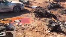 A still image taken from a video posted on social media uploaded on February 24, 2017, shows a pool of blood amid damaged motorcycles at a site of an Islamic State car bomb explosion, said to be in Sousian village near al-Bab, Syria. PHOTO BY REUTERS/Social Media